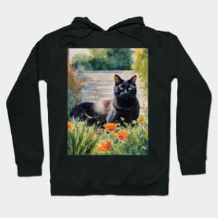 Black Cat In Garden Watercolour Cat Art Hoodie